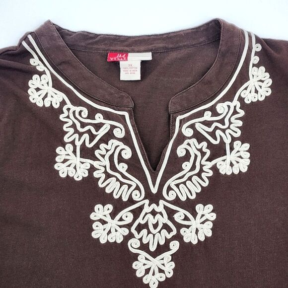 JM Woman Blouse Top Womens Plus Size 3X Brown Embroidered Short Sleeve Knit Boho - Picture 2 of 7